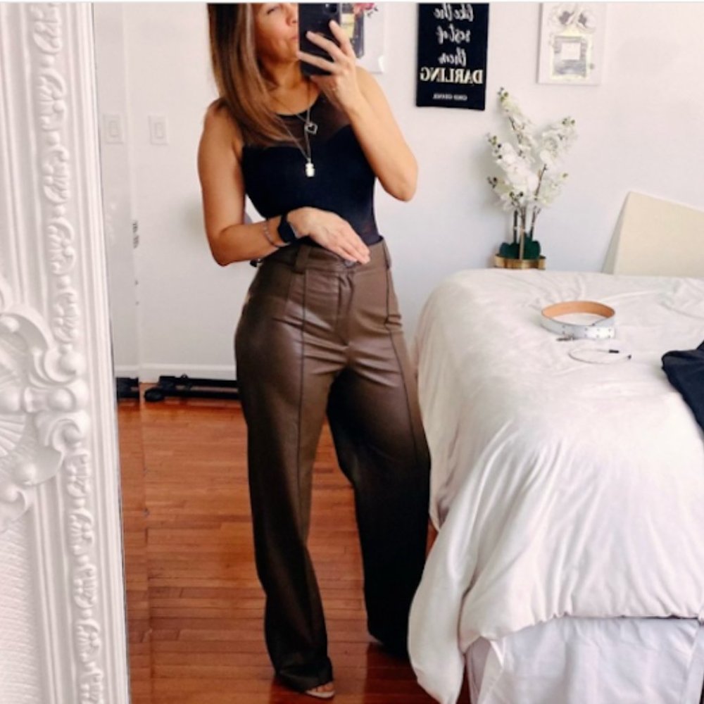 Zara Brown Pronounced Seam Faux Leather Pants NWT - Picture 4 of 10